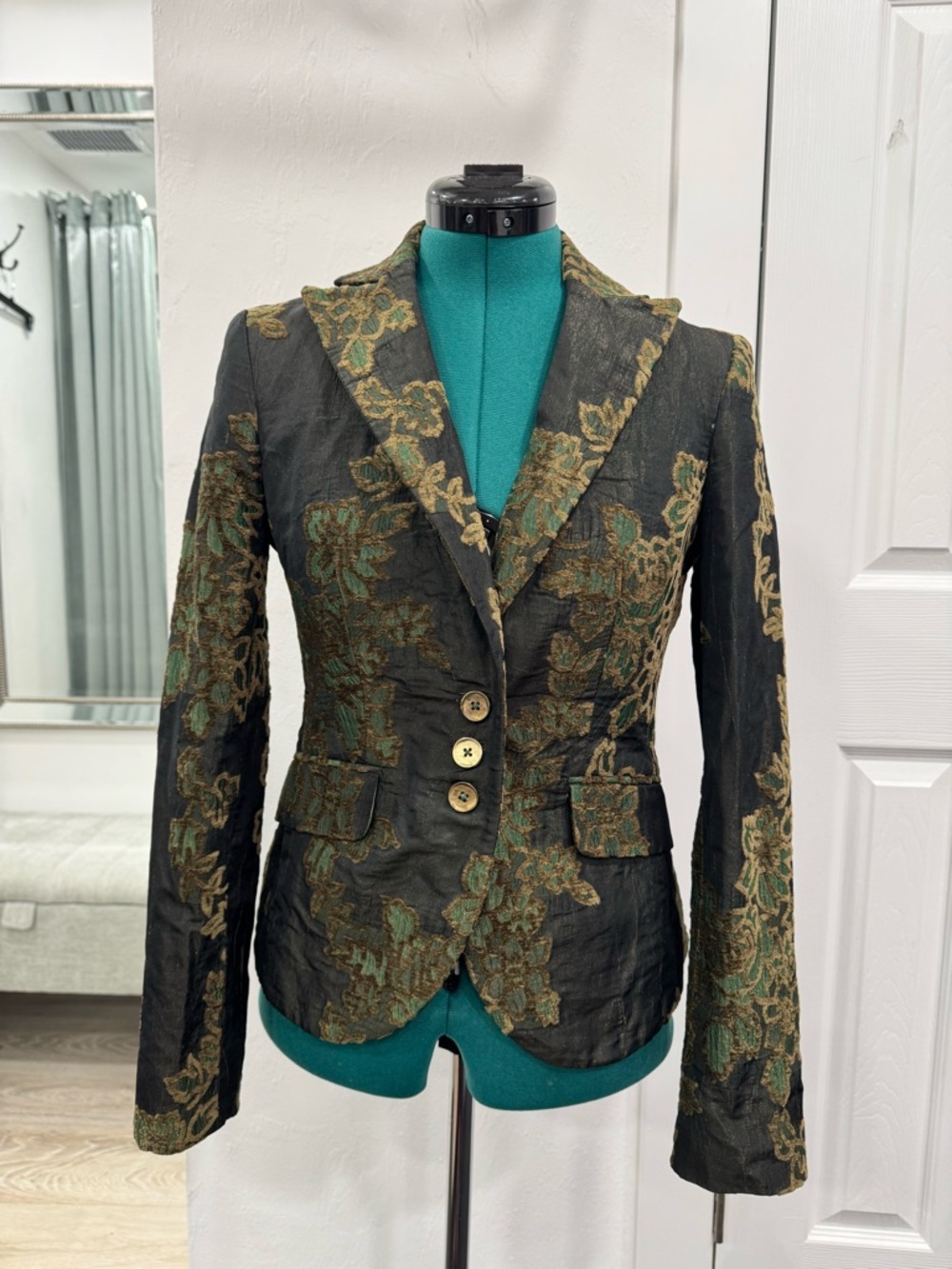 Structured Black Floral Brocade Blazer